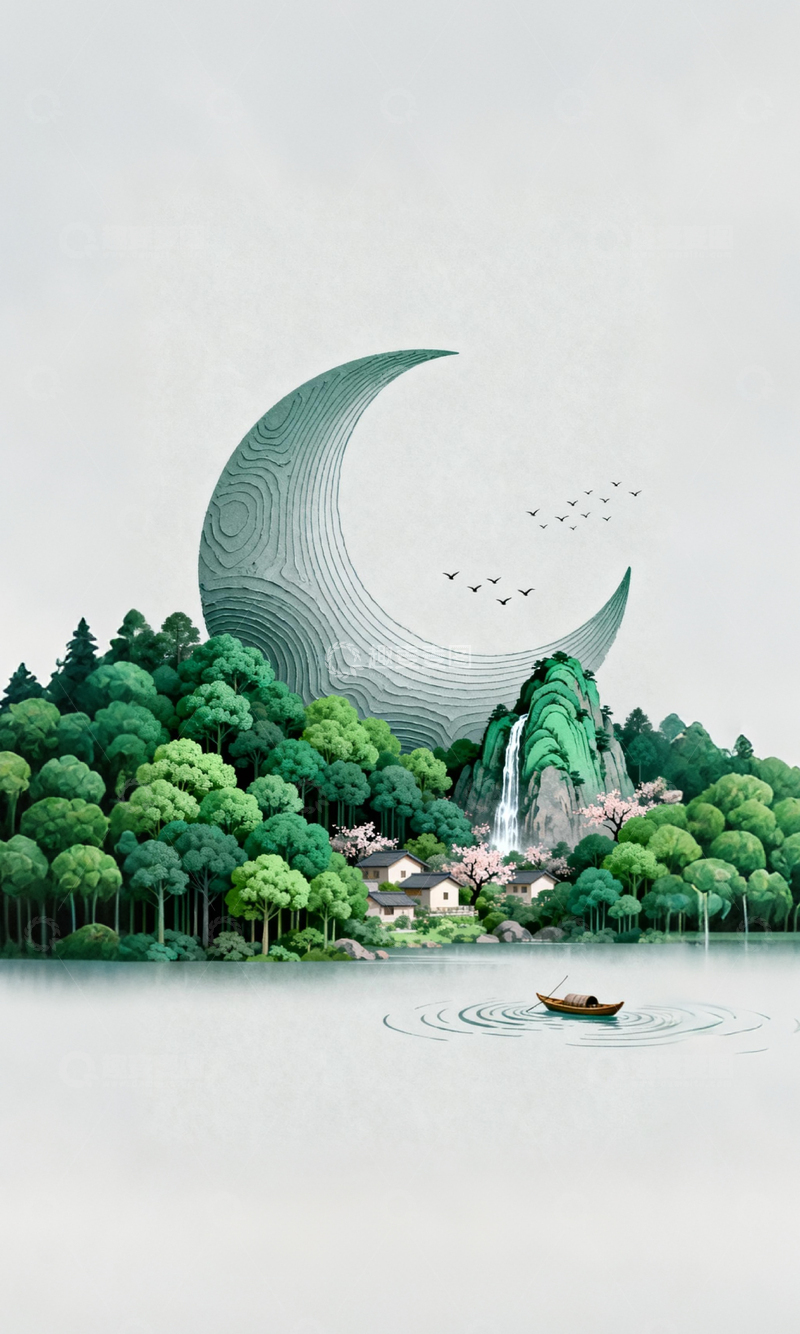 高清大图下载【趣麦麦图】月亮山水插画