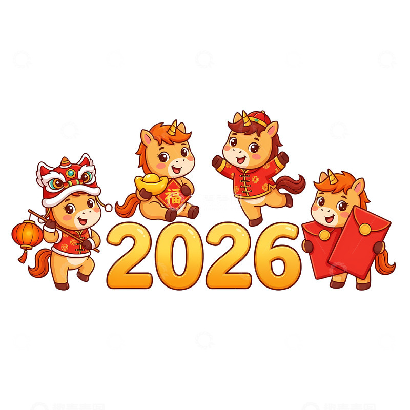 高清大图下载【趣麦麦图】-卡通马年2026新年庆祝设计素材