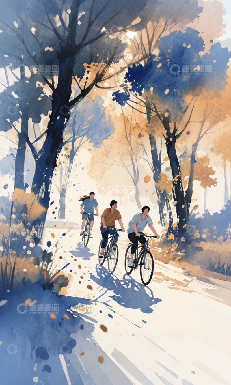 高清大图下载【趣麦麦图】-水彩风骑行森林休闲图