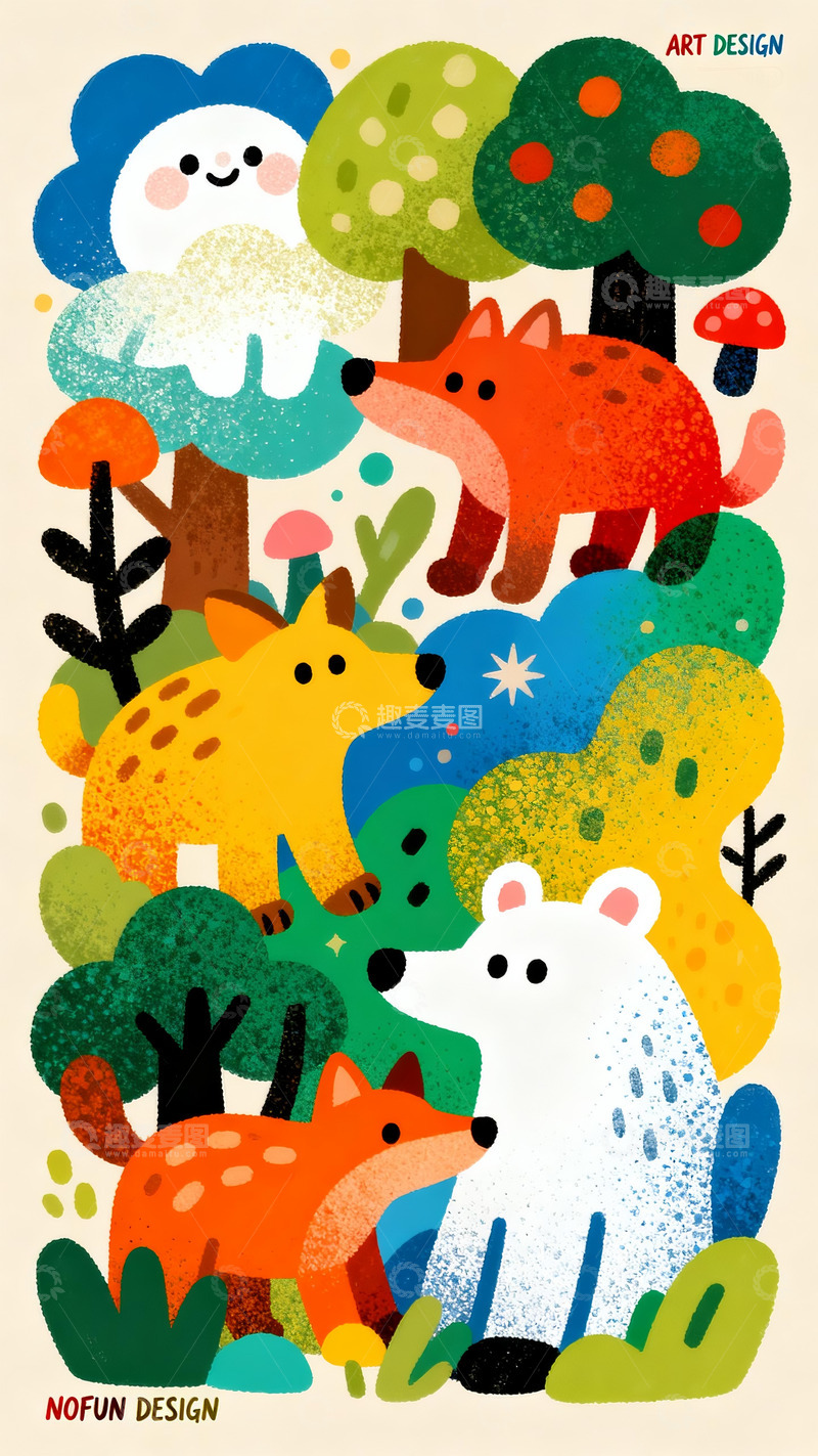 高清大图下载【趣麦麦图】彩林里的软萌动物派对2