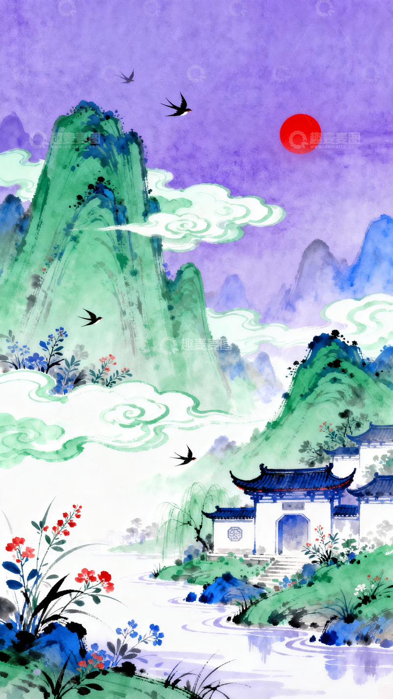 高清大图下载【趣麦麦图】紫霭青山燕归春涧水彩图