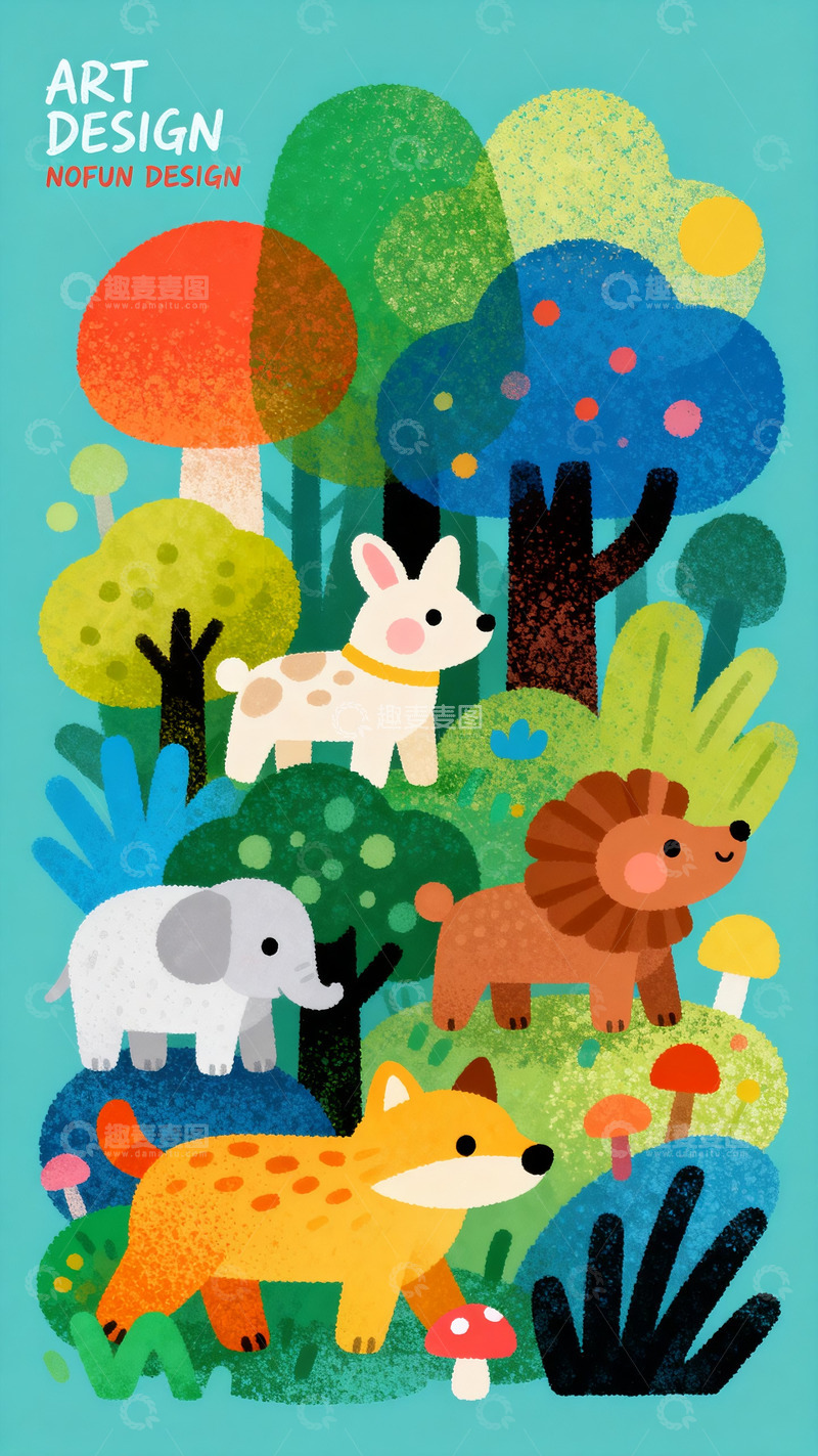 高清大图下载【趣麦麦图】彩林里的软萌动物派对1