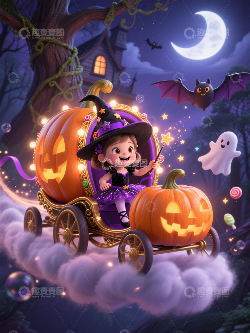 高清大图下载【趣麦麦图】-南瓜车女巫奇幻夜