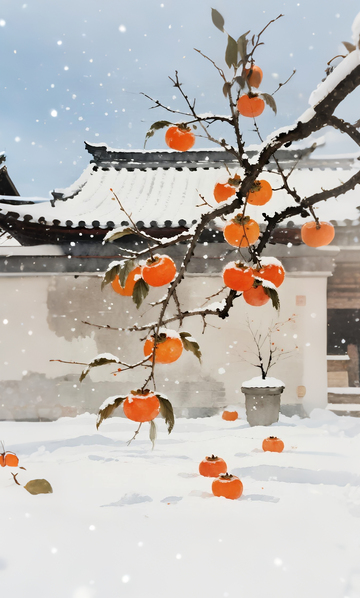 冬日柿子雪景水墨画