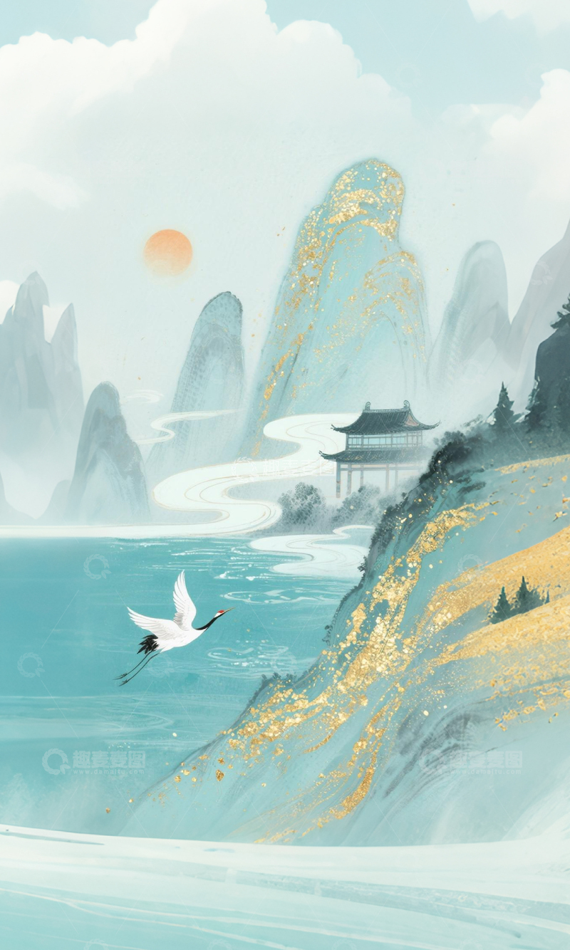 高清大图下载【趣麦麦图】-古风山水画意境仙鹤飞