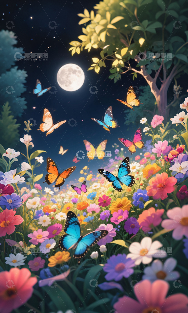 高清大图下载【趣麦麦图】梦幻花园蝴蝶飞舞插画