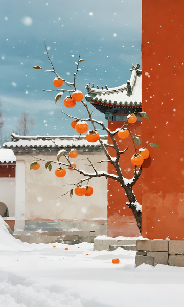 冬日柿子雪景中国画