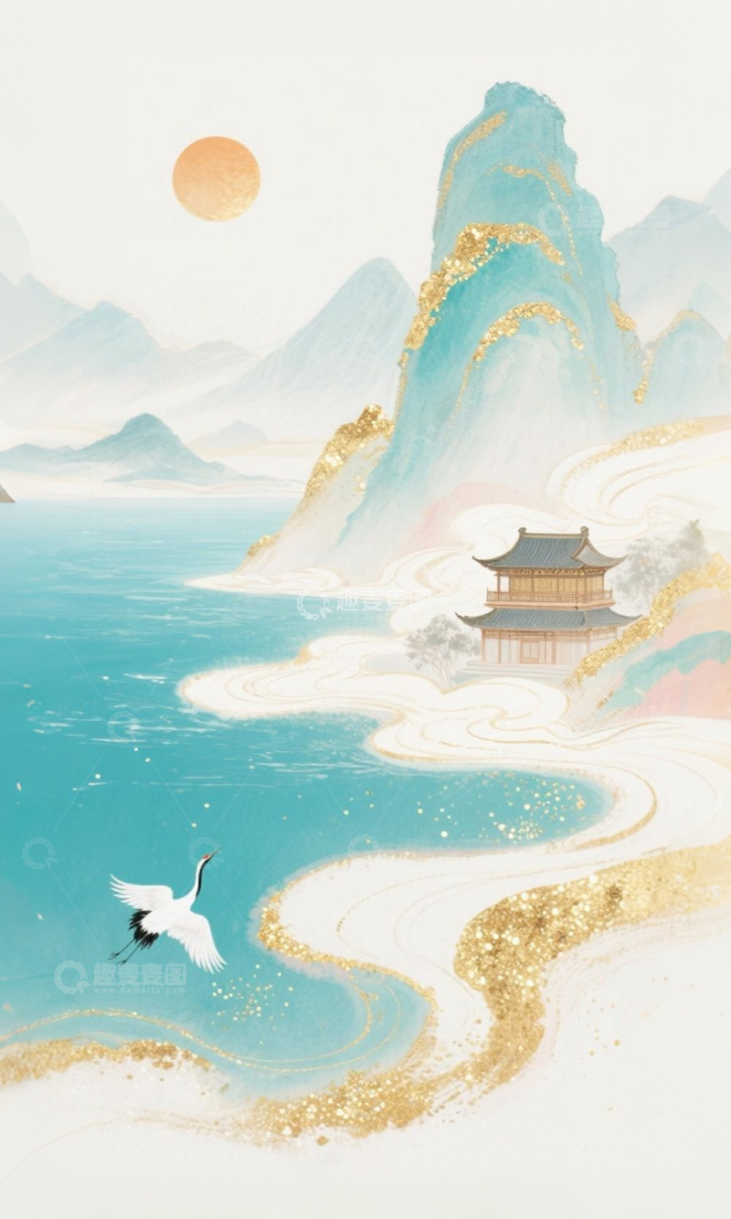 高清大图下载【趣麦麦图】-古风山水画仙鹤楼阁装饰画