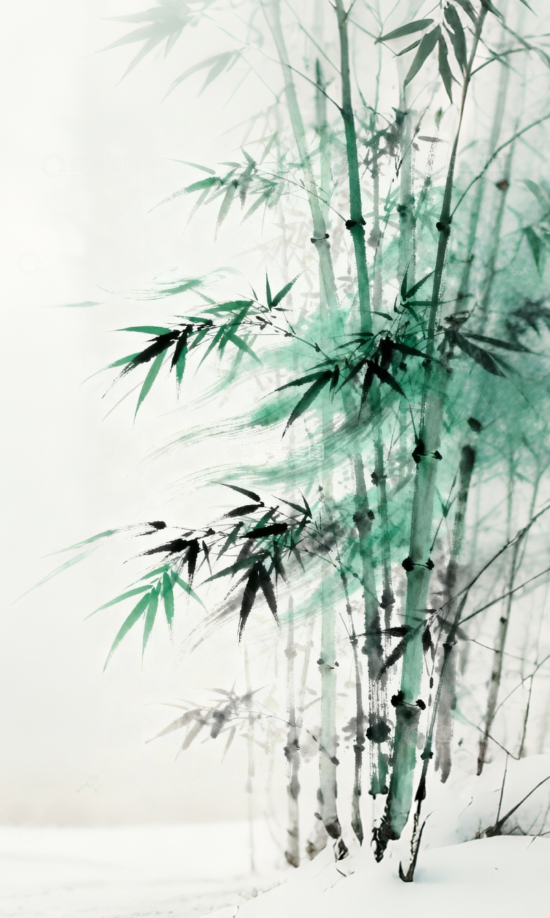 高清大图下载【趣麦麦图】-水墨竹林冬季雪景