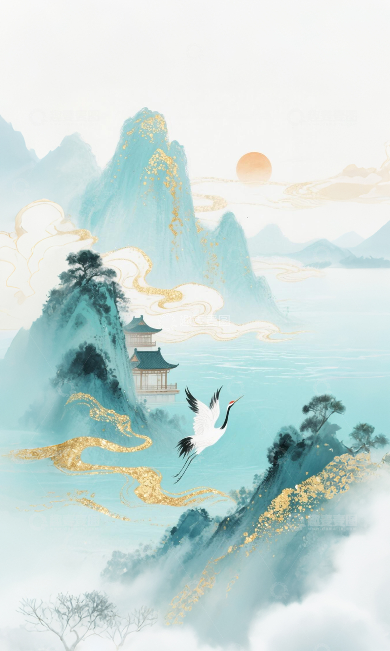 高清大图下载【趣麦麦图】-水墨山水仙鹤古建筑插画