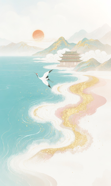 古风山水仙鹤美景插画