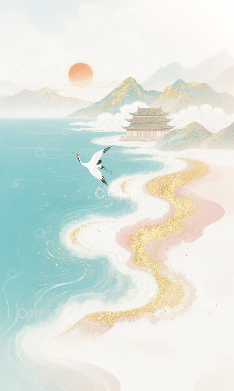 高清大图下载【趣麦麦图】-古风山水仙鹤美景插画