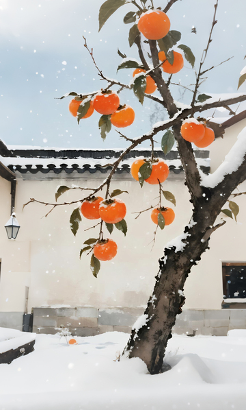 冬日柿子雪景水墨画