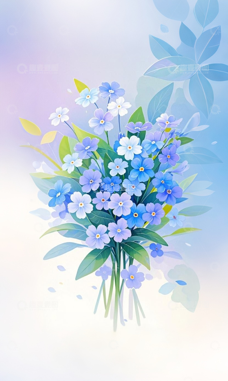 高清大图下载【趣麦麦图】水彩风勿忘我花束插画