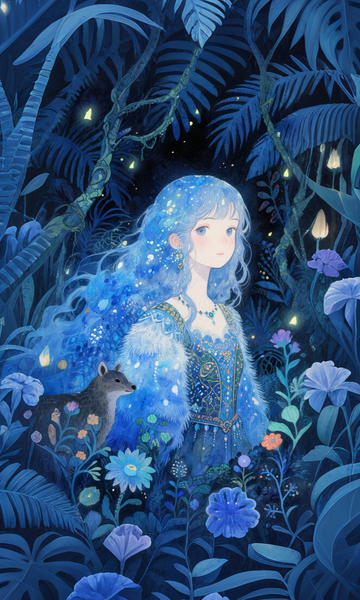 蓝发少女森林幻想插画