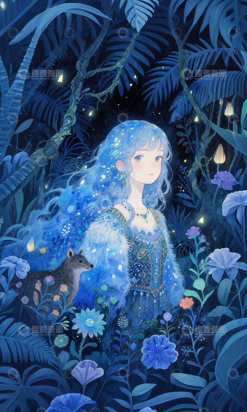 高清大图下载【趣麦麦图】-蓝发少女森林幻想插画