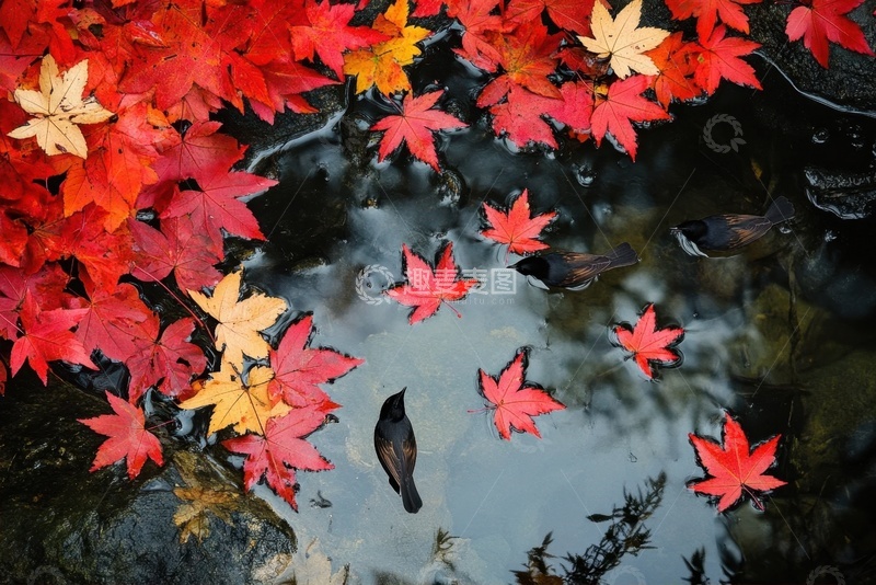 高清大图下载【趣麦麦图】湖泊上红色的枫树叶