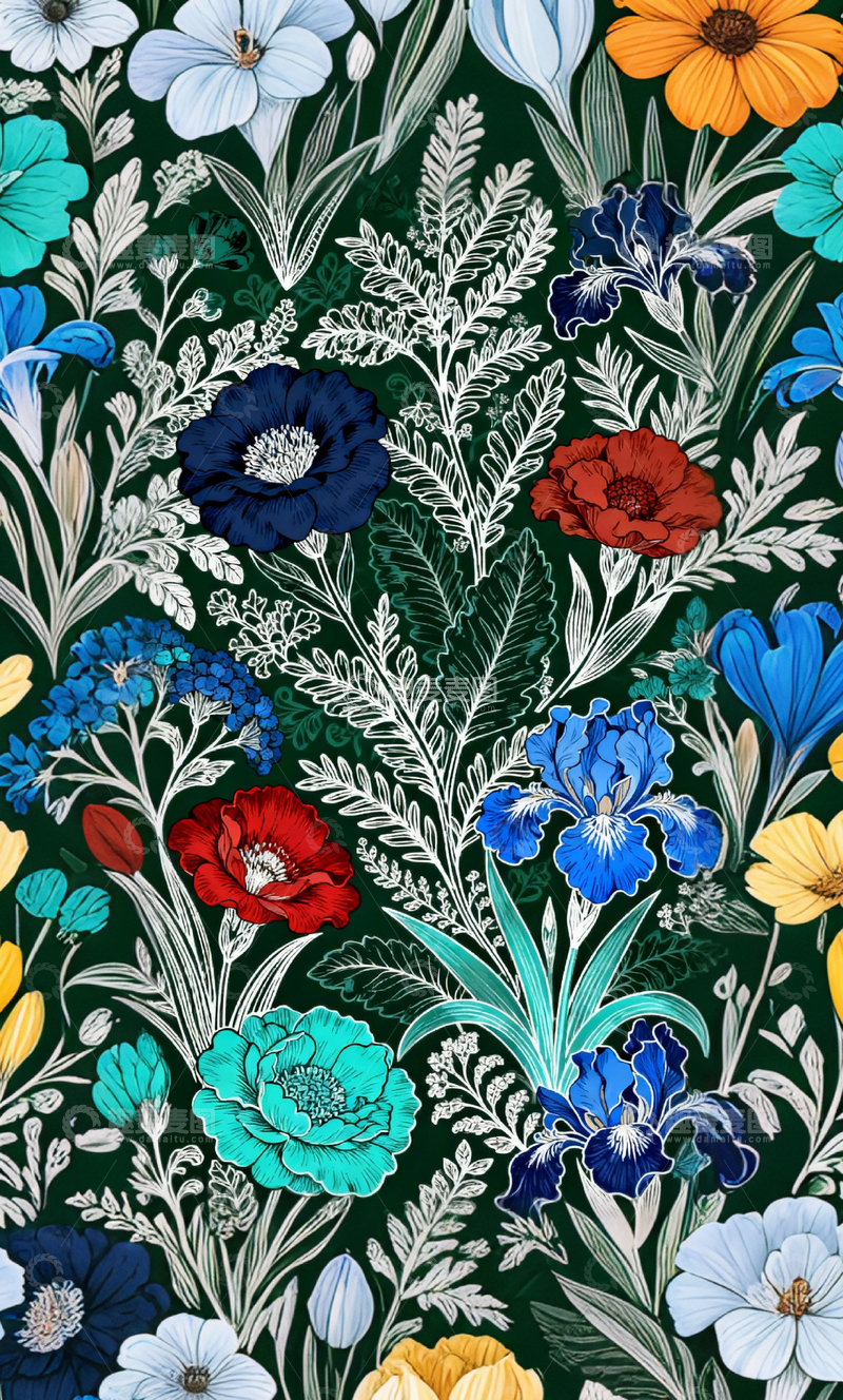 高清大图下载【趣麦麦图】复古风多彩花卉图案壁纸