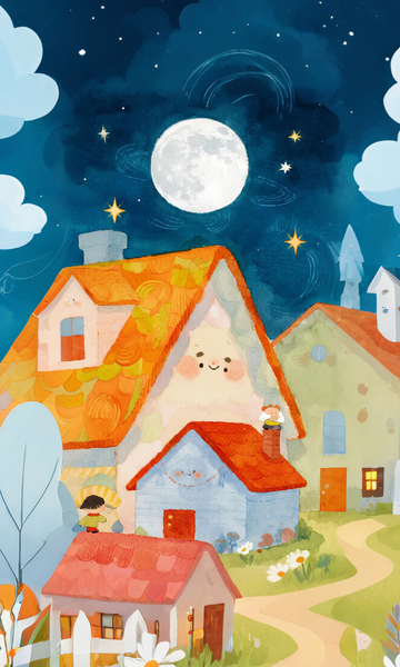 卡通夜景梦幻村庄插画