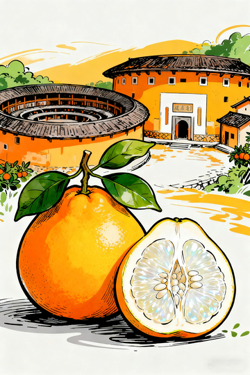 插画风梅州土楼与沙田柚