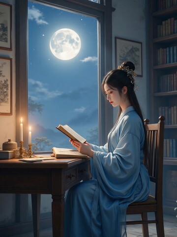 古风女子夜读明月书房