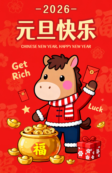 2026卡通马年元旦新年祝福海报设计