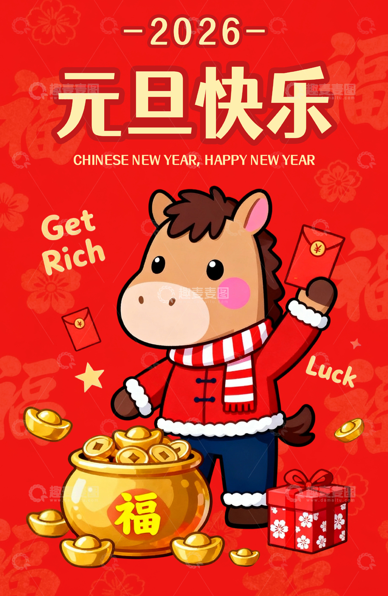 源文件下载【趣麦麦图】2026卡通马年元旦新年祝福海报设计