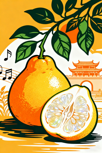插画风沙田柚水果与东方建筑