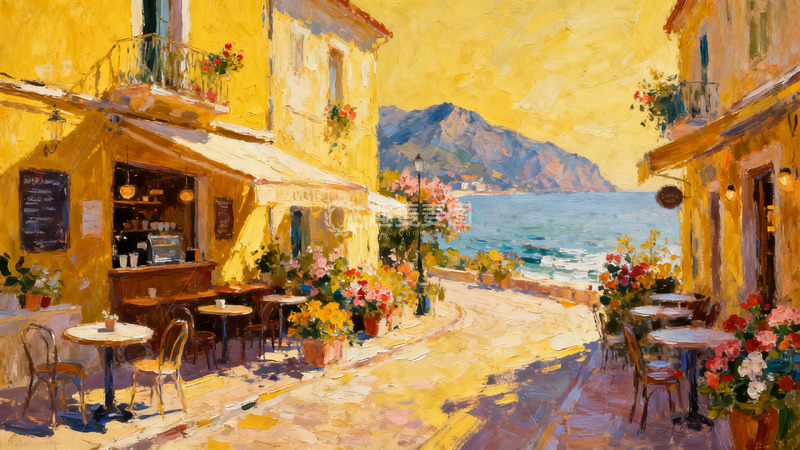 高清大图下载【趣麦麦图】地中海风情小镇油画街景