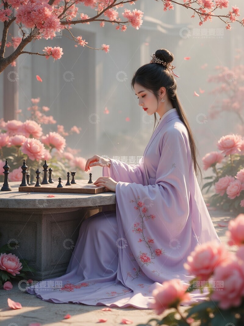 高清大图下载【趣麦麦图】古风佳人棋局赏花图