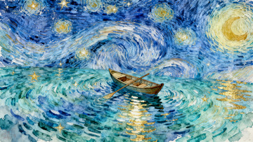 梵高星夜小船油画风装饰画