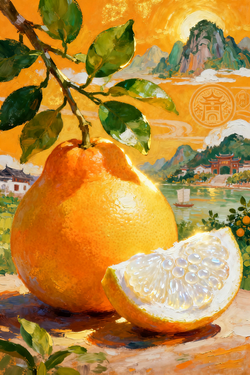 油画风柚子山水风景静物画