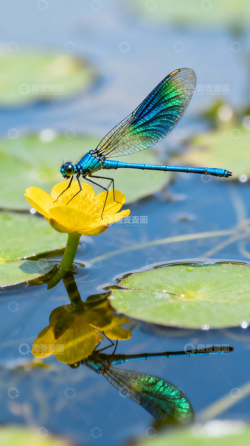 源文件下载【趣麦麦图】一直蓝绿豆娘在一朵荇草花上3
