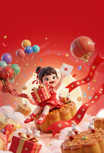 喜庆节日卡通插画女孩与礼物