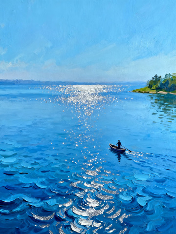 海面小船水天一色蓝色调意境油画2