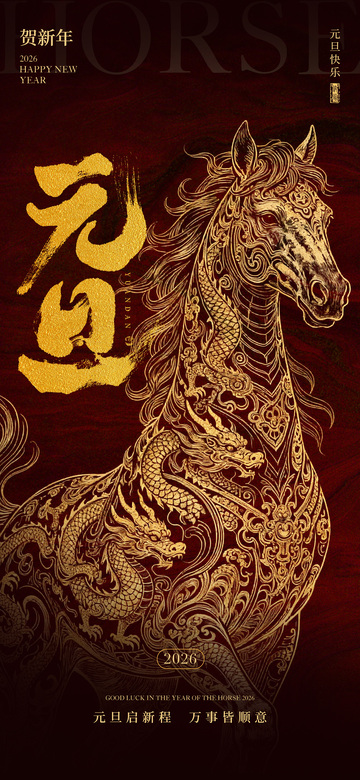 金色骏马新年祝福艺术海报