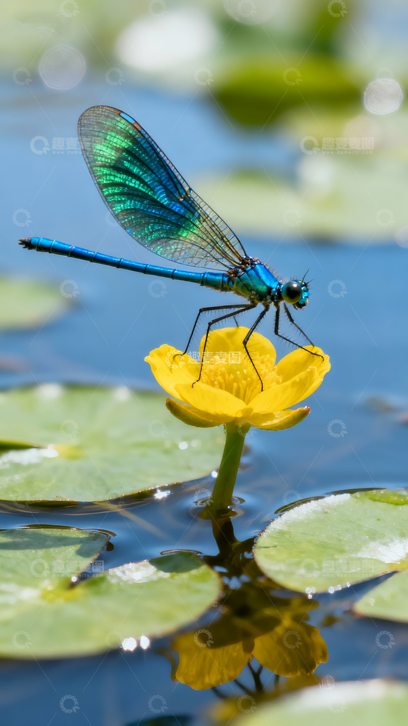 源文件下载【趣麦麦图】一直蓝绿豆娘在一朵荇草花上4