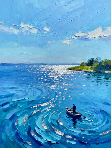 海面小船水天一色蓝色调意境油画3