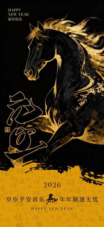 金墨马图新年贺卡