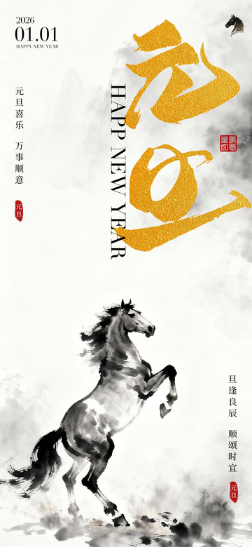 水墨风马元旦祝福艺术海报设计素材