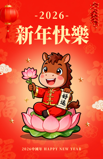 红色喜庆卡通马年新年祝福海报素材