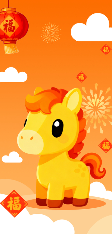 橙黄国潮卡通小马中国风马年海报