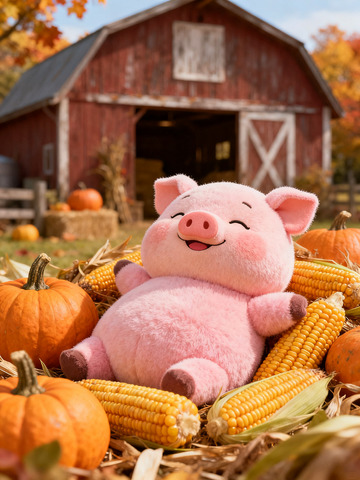 秋日农场毛绒猪与南瓜玉米生肖