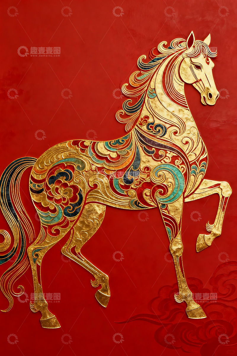 高清大图下载【趣麦麦图】金色骏马传统装饰艺术画