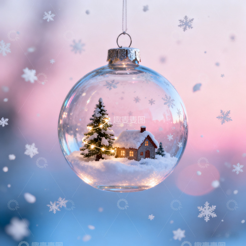 高清大图下载【趣麦麦图】粉色唯美浪漫温馨雪景童话梦幻圣诞球1