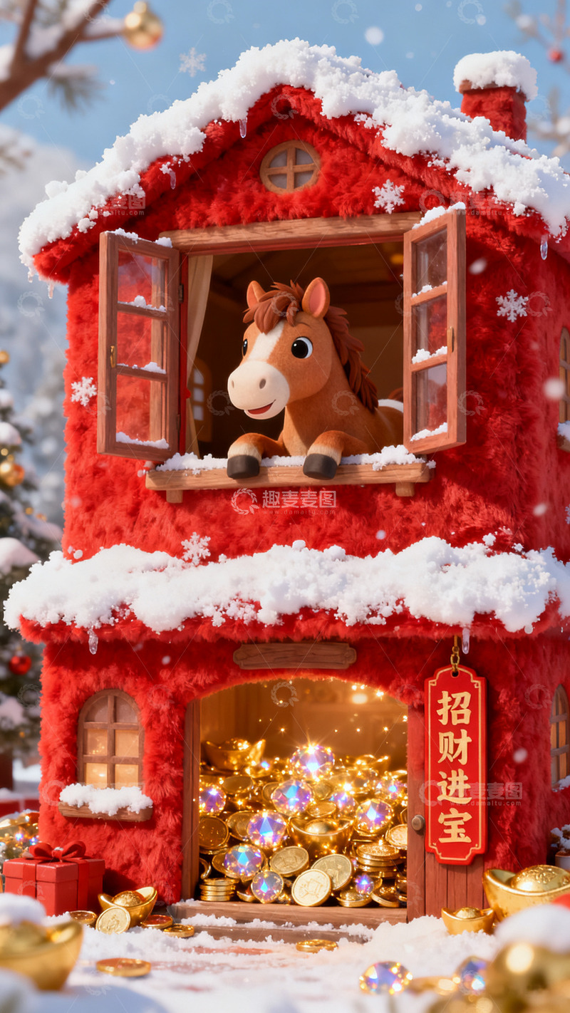 高清大图下载【趣麦麦图】红色雪屋马儿招财进宝