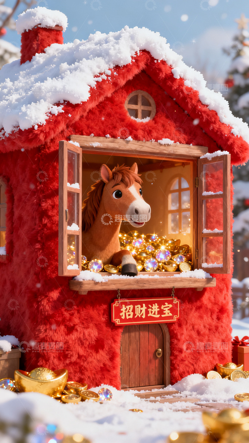 高清大图下载【趣麦麦图】圣诞红色小屋马儿招财进宝