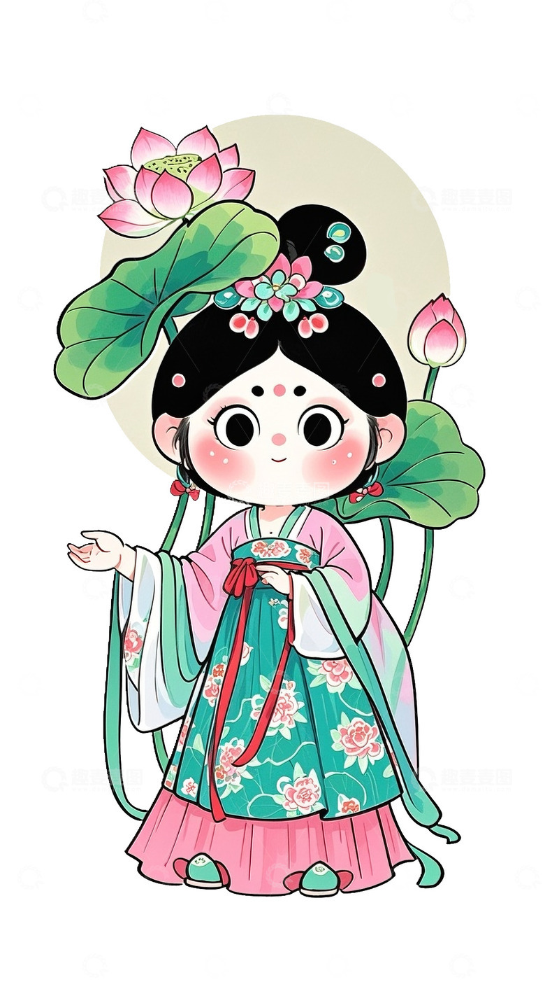 高清大图下载【趣麦麦图】古风美少女荷花卡通插画