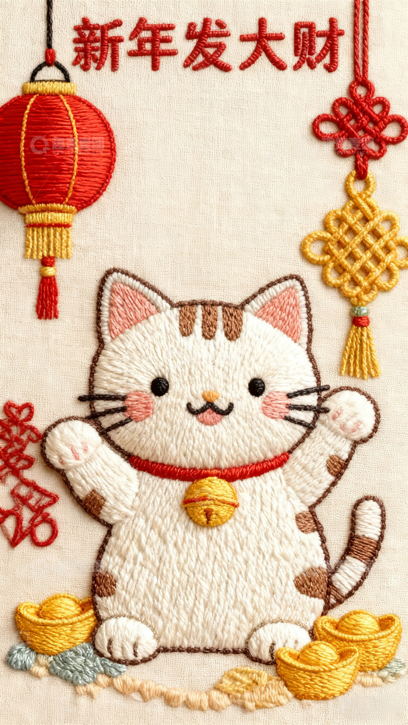 高清大图下载【趣麦麦图】新年猫咪刺绣喜庆吉祥