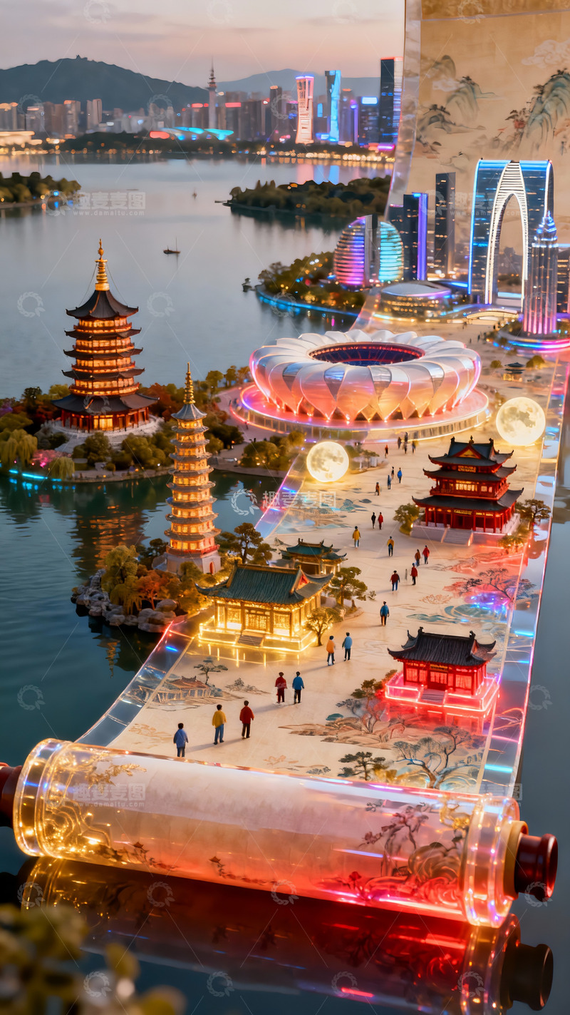 高清大图下载【趣麦麦图】东方古城现代都市融合图